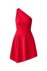 Brunette model wearing the Lila Asymmetrical Mini Dress in Red ghost shot