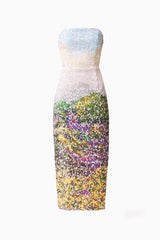 Brunette model wearing the Arden Strapless Midi Dress in Multi Ombre ghost shot