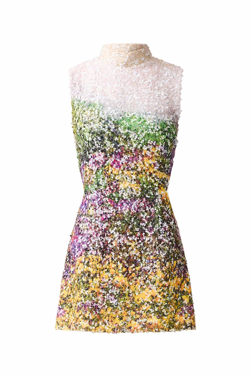 Brunette model wearing the Arden Shift Mini Dress in Multi Ombre ghost shot