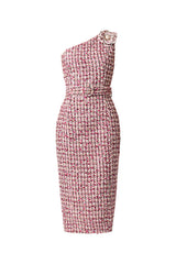 Brunette model wearing Bianca One Shoulder Tweed Midi Dress in Red ghost shot 