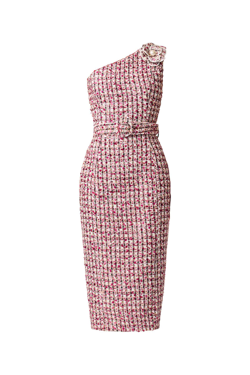 Brunette model wearing Bianca One Shoulder Tweed Midi Dress in Red ghost shot 