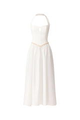 Brunette model wearing the Hester Halter Gown in White ghost shot
