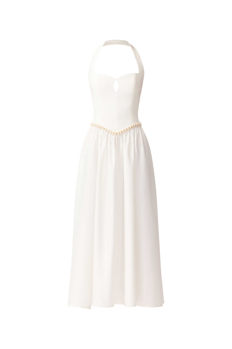 Brunette model wearing the Hester Halter Gown in White ghost shot