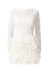 Athena Long Sleeve Lace Mini Dress in White ghost shot