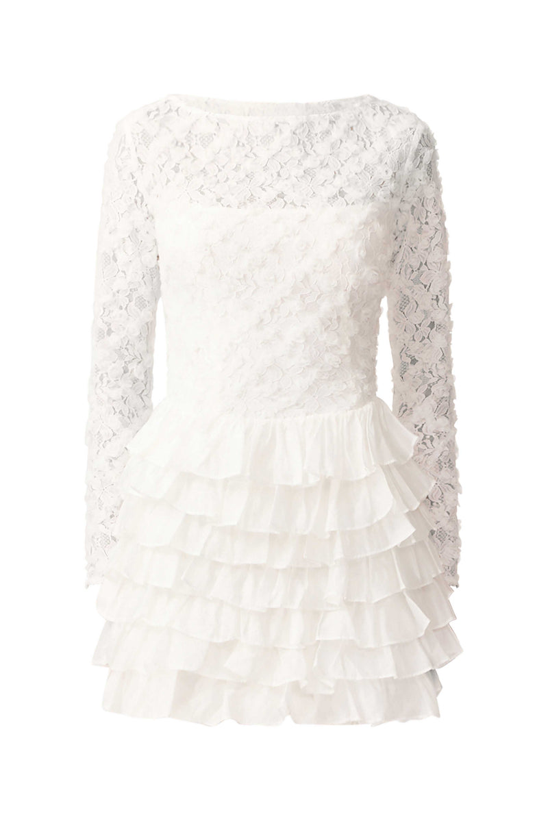 Athena Long Sleeve Lace Mini Dress in White ghost shot