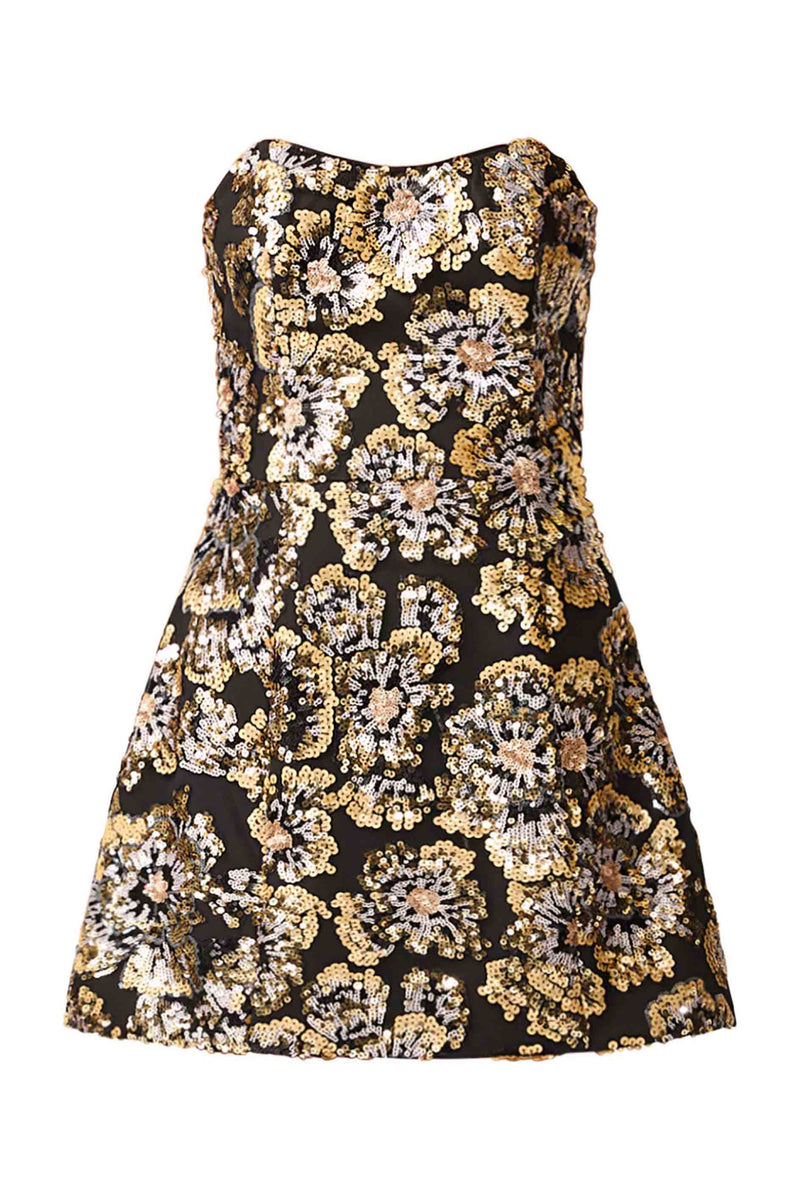 Brunette model wearing the Celeste Strapless Mini Dress in Black and Gold ghost shot