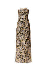 Brunette model wearing the Celeste Strapless Gown in Black and Gold ghost shot