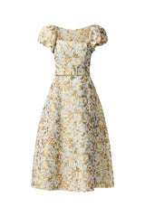 Tasmin Puff Sleeve Midi Dress in Blue & Yellow Floral ghost Shot