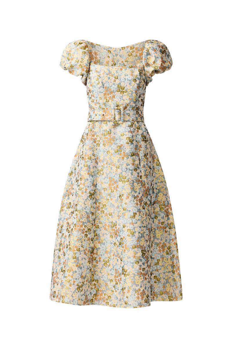 Tasmin Puff Sleeve Midi Dress in Blue & Yellow Floral ghost Shot