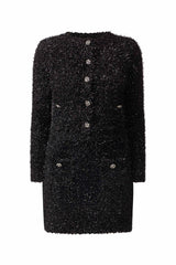 Brunette model wearing the Blythe Knit Set in Black ghost shot
