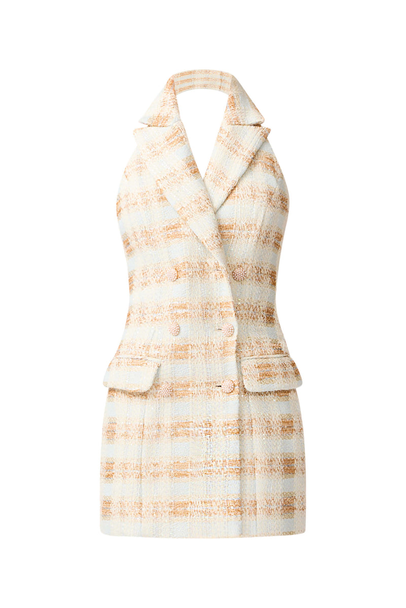 Brunette model wearing Ashlyn Halter Tweed Mini Dress in White & Gold ghost shot