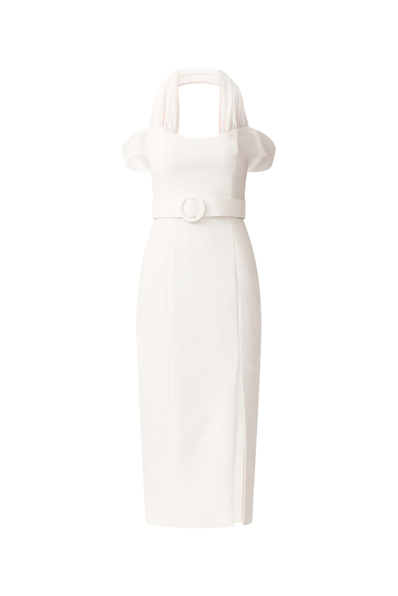 Brunette model wearing the Ruby Halter Midi Dress in White ghost Shot