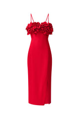 Brunette model wearing the Lila Fitted Midi Dress in Red ghost shot