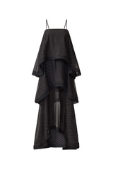 Brunette model wearing Moss Tiered Gown in Black ghost shot