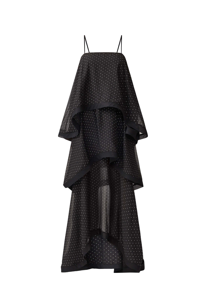 Brunette model wearing Moss Tiered Gown in Black ghost shot
