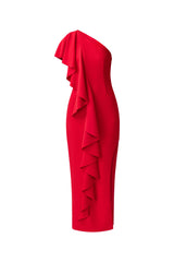 Brunette model wearing the Lila Asymmetrical Gown in Red ghost shot