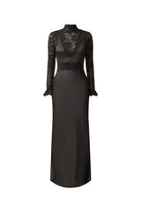 Brunette model wearing the Margot Long Sleeve Gown in Black close up ghost shot