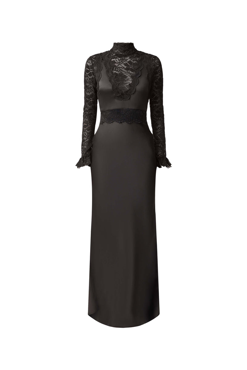 Brunette model wearing the Margot Long Sleeve Gown in Black close up ghost shot