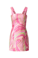 Brunette model wearing the Mirella Fitted Mini Dress in Pink ghost shot