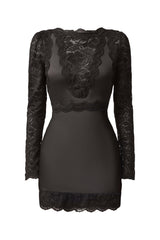 Brunette model wearing the Margot Long Sleeve Mini Dress in Black ghost shot