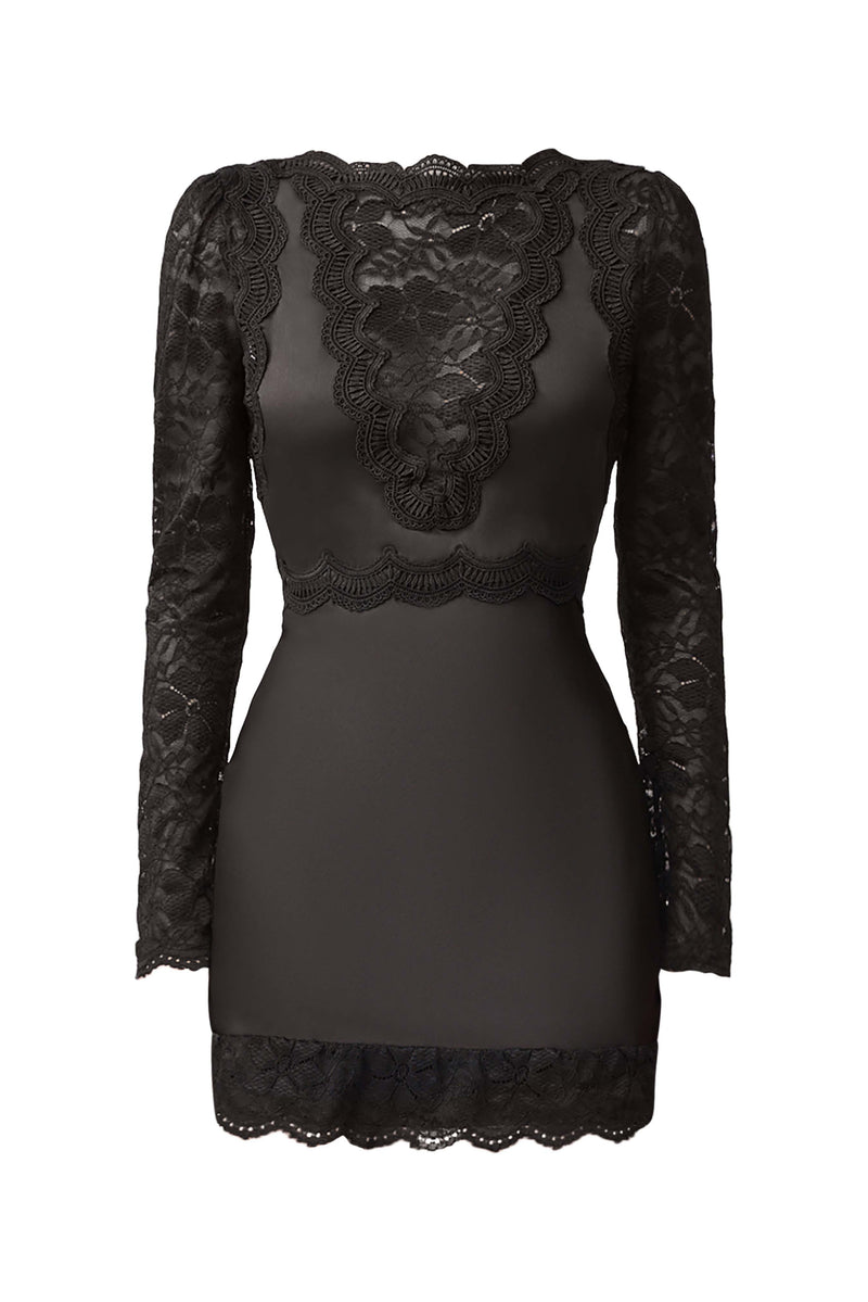 Brunette model wearing the Margot Long Sleeve Mini Dress in Black ghost shot