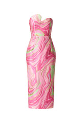 Brunette model wearing the Mirella Strapless Midi Dress in Pink ghost shot
