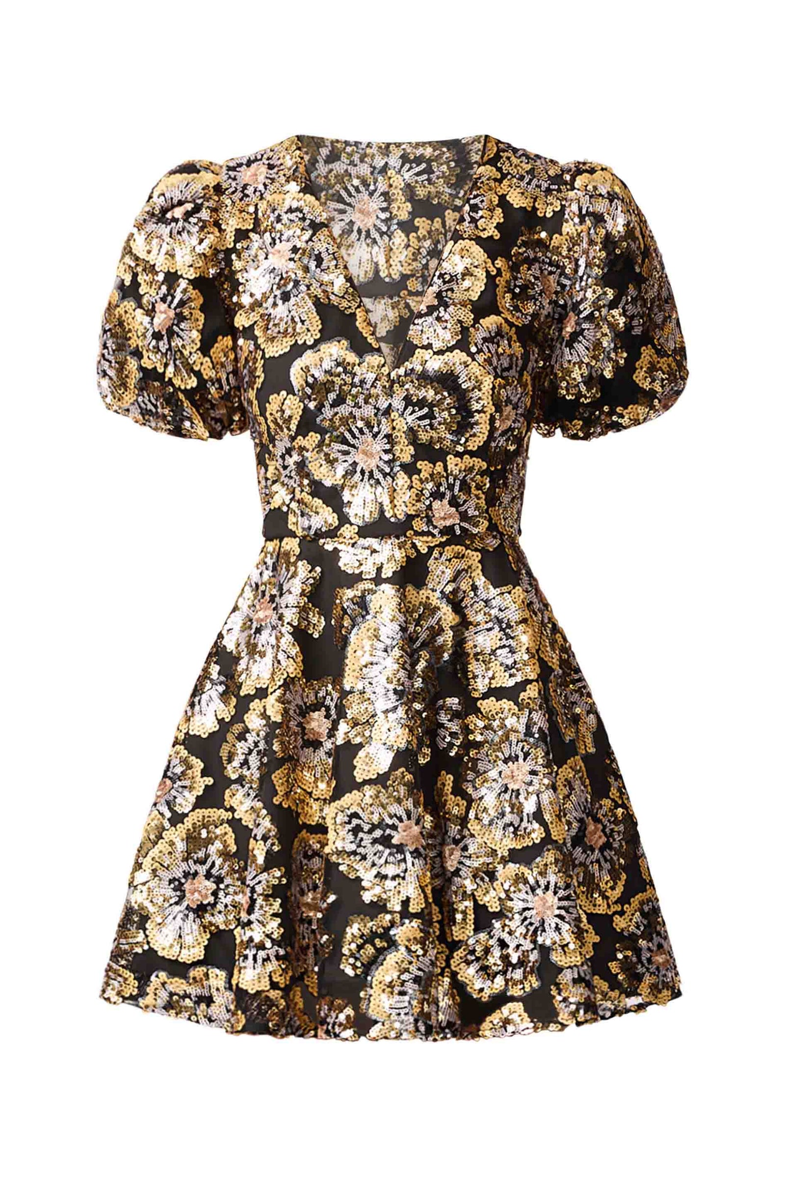 celeste sequin mini dress Celeste Puff Sleeve Mini Dress in Black & Gold