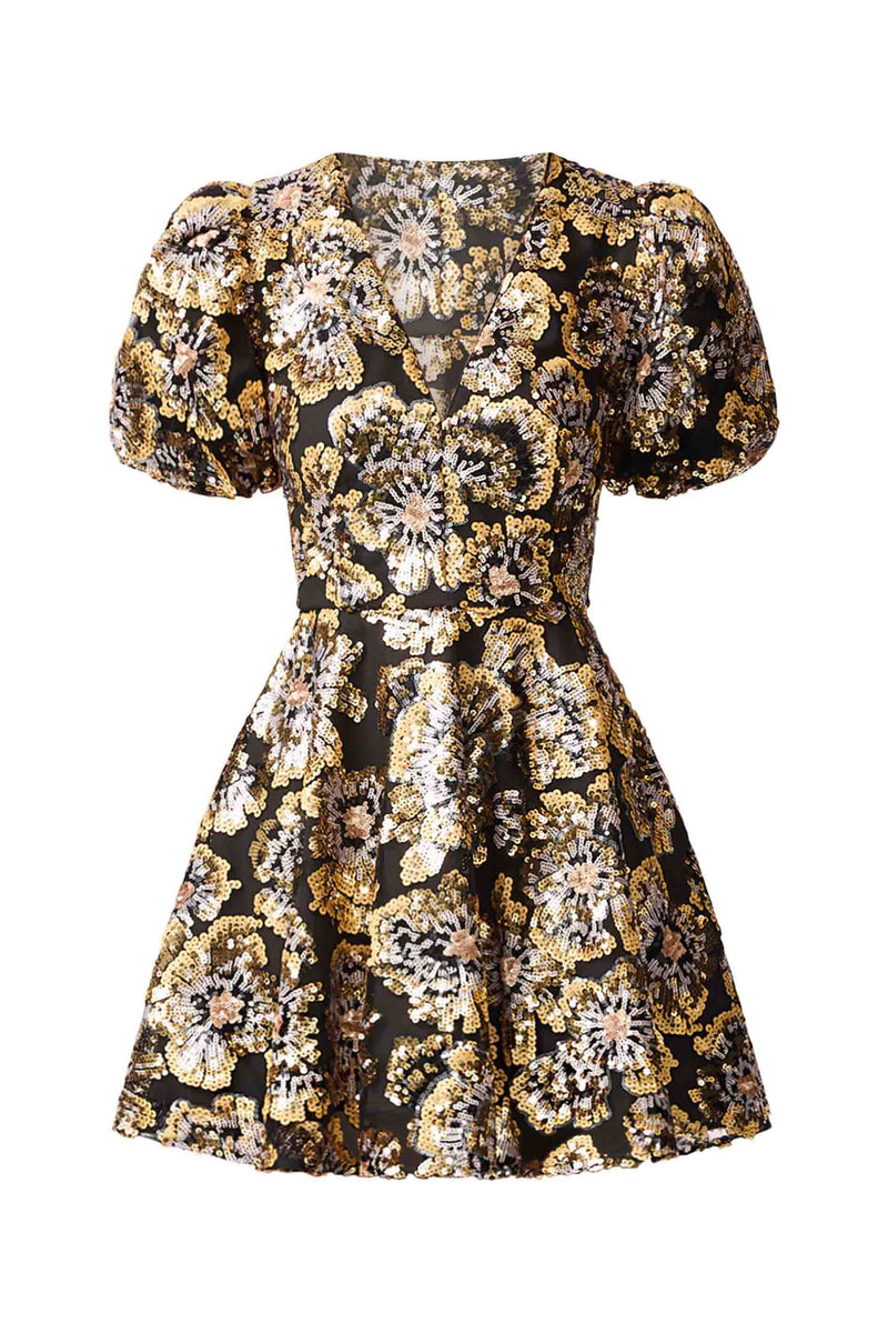 Celeste Puff Sleeve Mini Dress in Black & Gold | Sequin Mesh Elliatt Celeste Puff Sleeve Mini Dress in Black & Gold | Sequin Mesh Elliatt