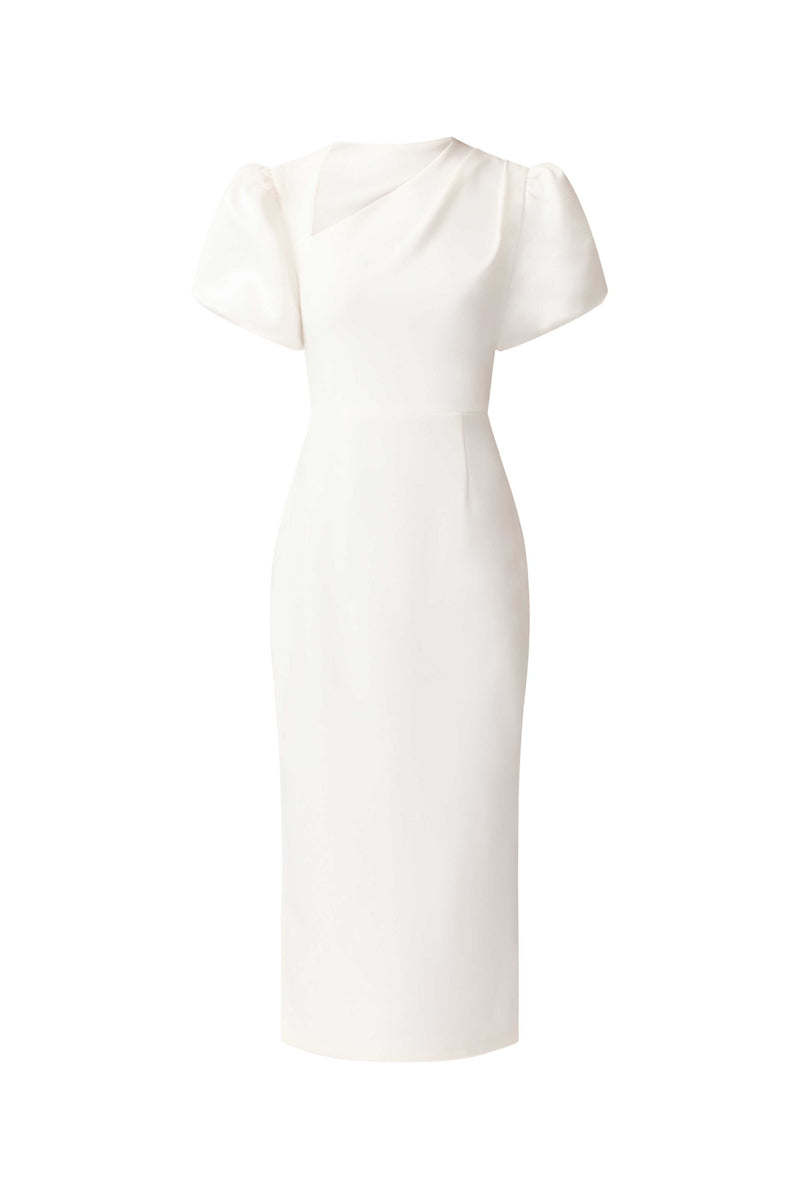 Brunette model wearing the Hester Puff Sleeve Midi Dress in White ghost shot