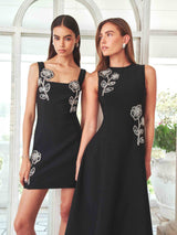 Brunette model wearing the Soleil A-Line Midi Dress in Black Campaign Shot