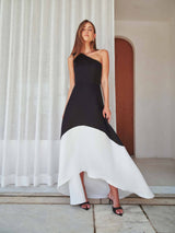Brunette model wearing Sorrel One Shoulder Gown in Black & White campaign shot