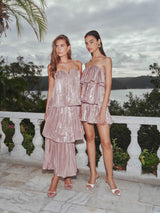 Brunette model wearing Lison Tiered Strapless Gown in Pink campaign shot