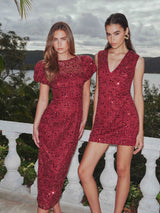 Brunette model wearing Carmen Puff Sleeve Midi Dress in Red front shot