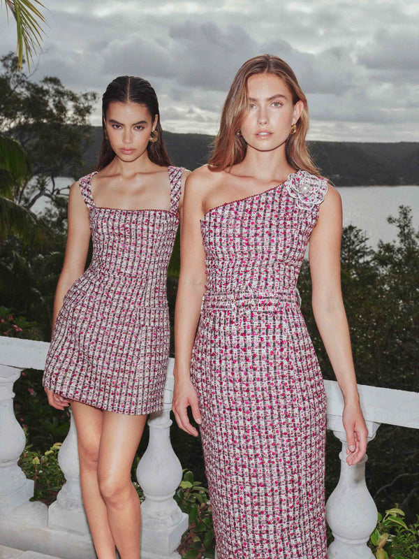 Brunette model wearing Bianca One Shoulder Tweed Midi Dress in Red campaign shot 