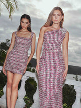 Brunette model wearing Bianca Tweed Mini Dress in Red campaign shot