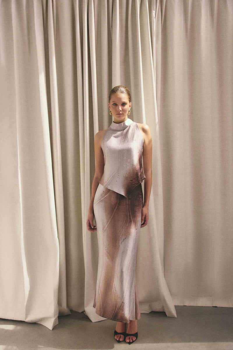 Brunette model wearing  Orielle Top & Skirt Set in Brown campaign shot