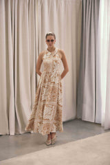 Brunette model wearing Sandi Collar Midi Dress in Orange campaign shot