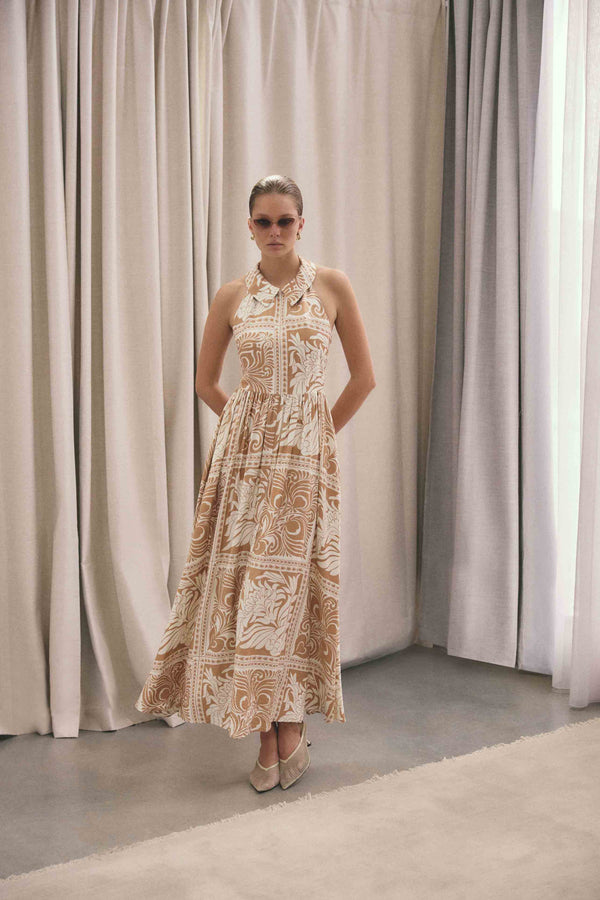 Brunette model wearing Sandi Collar Midi Dress in Orange campaign shot