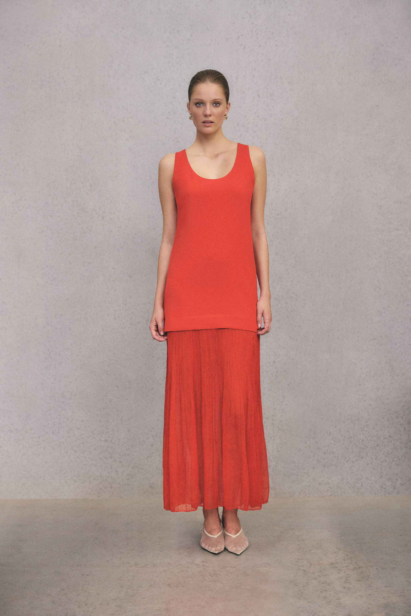 Blonde model wearing CURAAE Etoile Maxi Dress in Red campaign shot