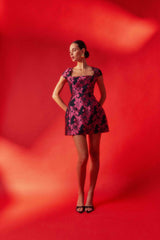 Brunette model wearing the Holly Short Sleeve Mini Dress in Pink & Black campaign shot