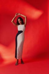 Brunette model wearing the Paloma Contrast Gown in Black and White campaign Shot