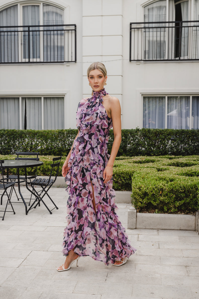 Solene Halter Gown in Purple Floral - Elegant Eveningwear Elliatt Solene Halter Gown in Purple Floral - Elegant Eveningwear Elliatt