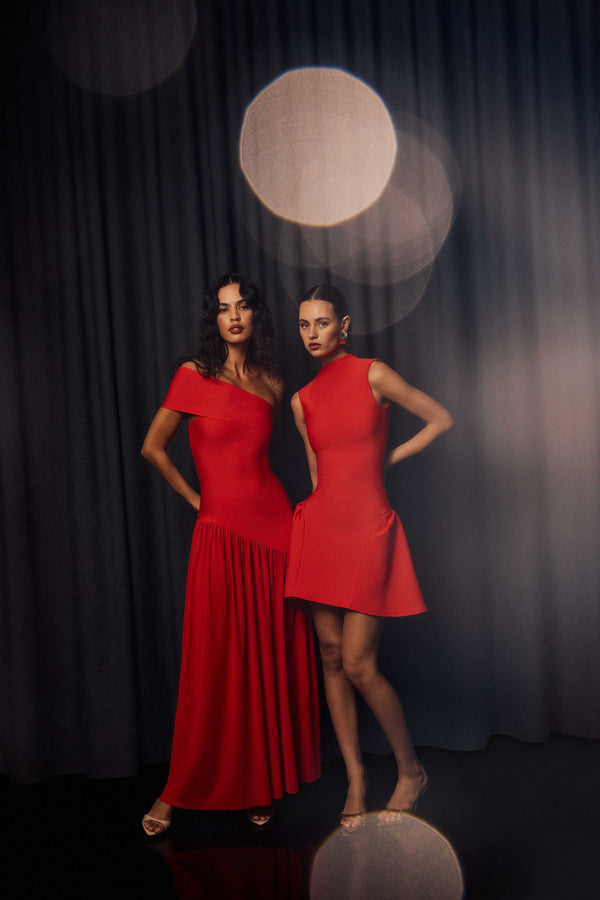 Jesselle Off The Shoulder Gown in Red campaign shot 