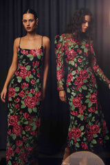 Lyra Sequin Long Sleeve Midi Dress in Pink & Green Floral campaign shot 