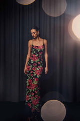 Brunette mode wearing the Lyra Sequin Gown in Pink & Green Floral campaign shot 