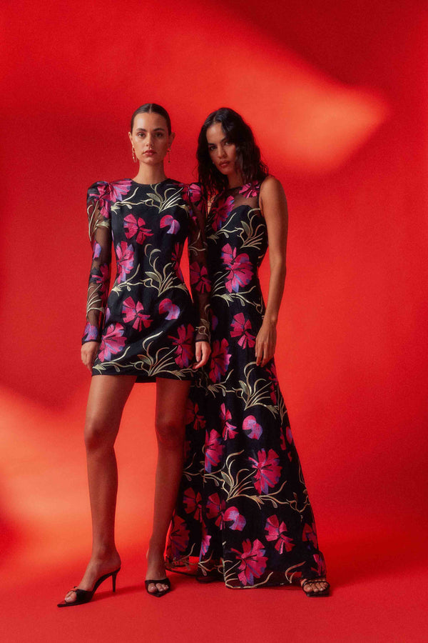 Amaya Long Sleeve Mini Dress in Black & Pink Floral campaign shot