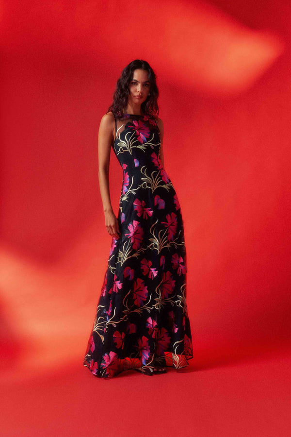 Amaya Gown in Black & Pink Floral campaign shot