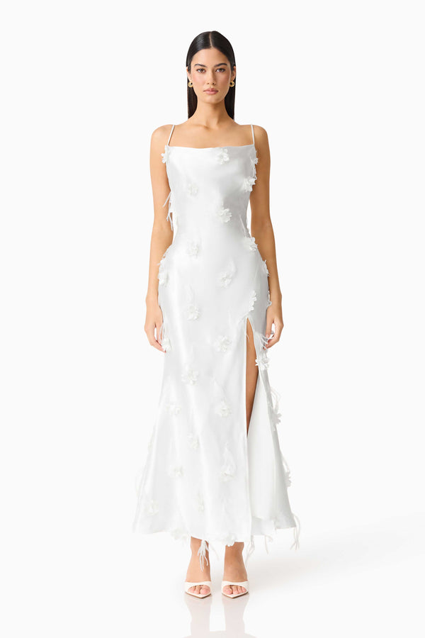 Model wearing Lunaria Satin Maxi Dress In White front shot