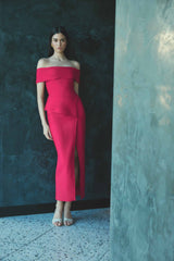 Brunette model wearing Celia Off Shoulder Gown in Red front shot