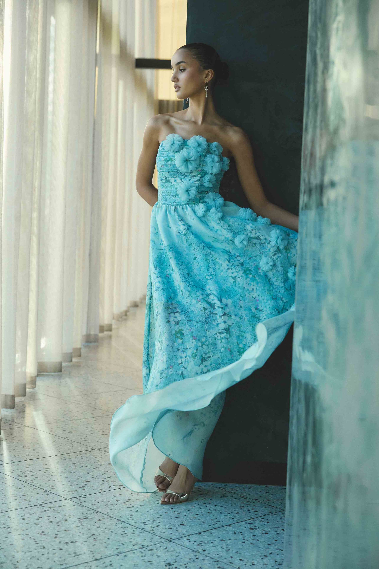 Faye Strapless Gown in Blue | Floral Detail Elliatt Faye Strapless Gown in Blue | Floral Detail Elliatt